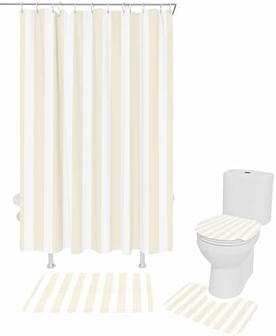 Cream Striped Bathroom Set with Shower Curtain Rug and Accessories