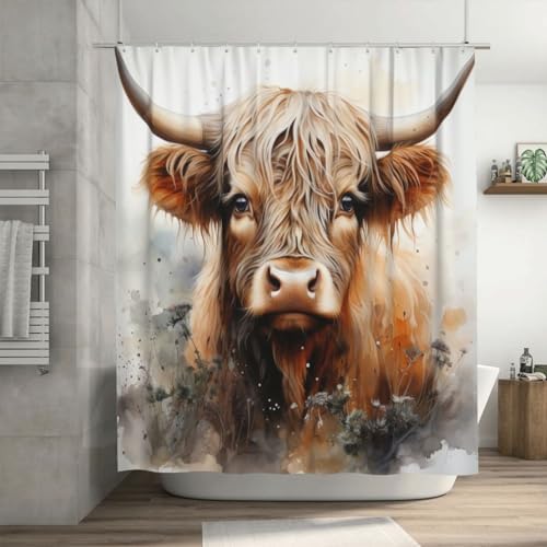 Highland Cow 72x72 Washable Boho Shower Curtain Set