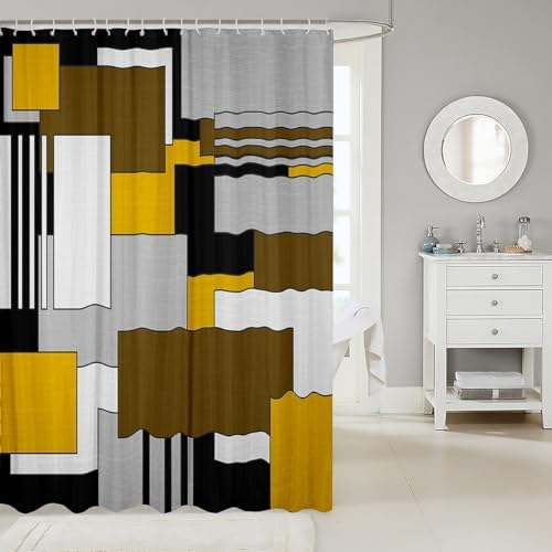 Yellow Gray Brown Geometric Shower Curtain Set