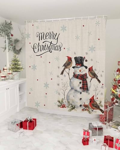 Anzona Beige Christmas Snowman Waterproof Shower Curtain