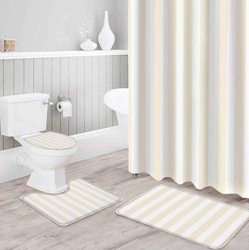 Cream Striped Bathroom Set with Shower Curtain Rug and Accessories