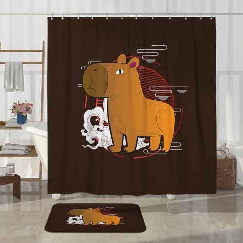 4PCS Brown Cartoon Fun Capybara Shower Curtain Sets