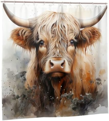 Highland Cow 72x72 Washable Boho Shower Curtain Set