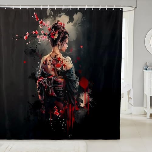 Japanese Geisha Shower Curtain Red Cherry Blossoms 72x72 for Kids