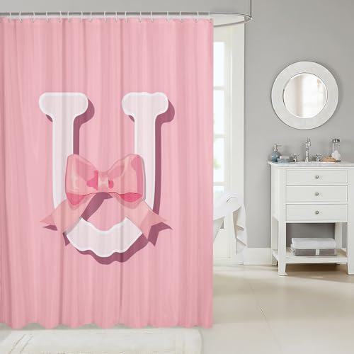 Kawaii Pink Bow Bath Curtain 72x72 Monogram for Kids Waterproof