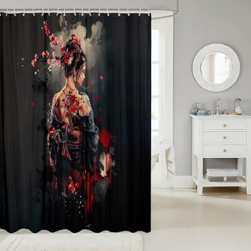 Japanese Geisha Shower Curtain Red Cherry Blossoms 72x72 for Kids
