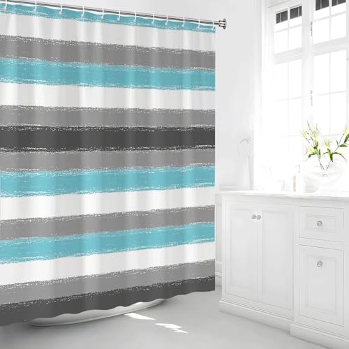 Teal Striped Shower Curtain Set with Hooks 70x70 Inch