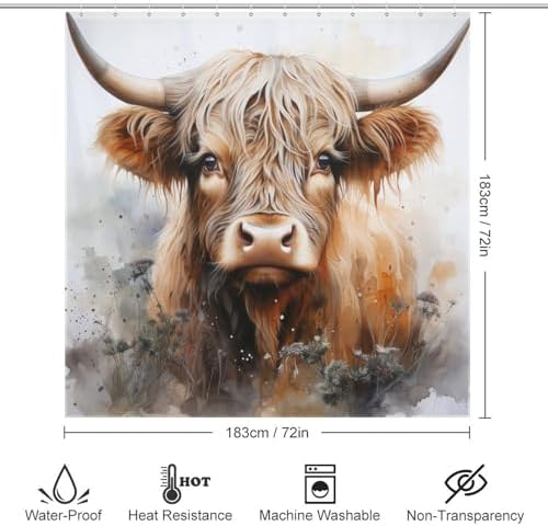 Highland Cow 72x72 Washable Boho Shower Curtain Set