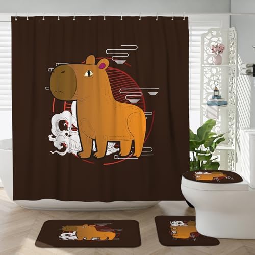 4PCS Brown Cartoon Fun Capybara Shower Curtain Sets