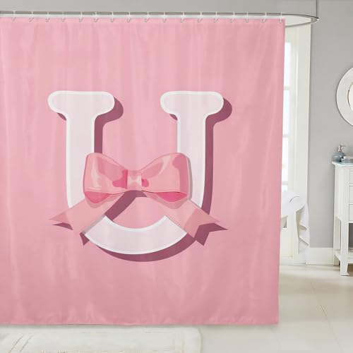 Kawaii Pink Bow Bath Curtain 72x72 Monogram for Kids Waterproof