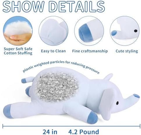 24 Blue Elephant Weighted Plush Toy - Hug Companion for Kids Adults