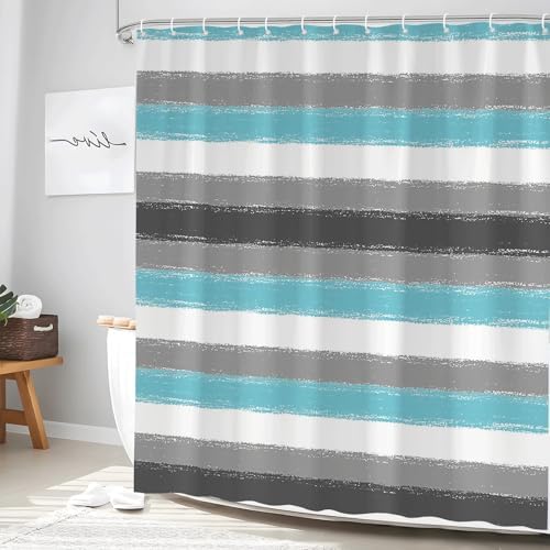Teal Striped Shower Curtain Set with Hooks 70x70 Inch