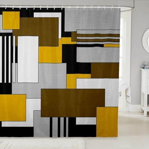 Yellow Gray Brown Geometric Shower Curtain Set