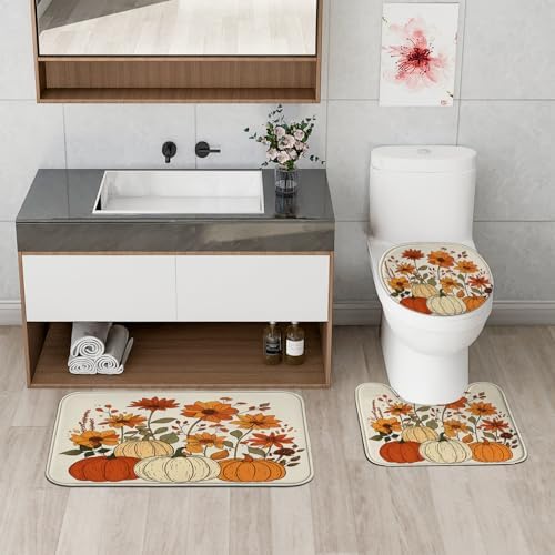 4PCS Fall Cream Pumpkin Shower Curtain Set