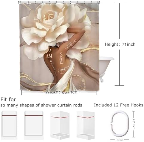 Yookeb African American Flower Bathroom Show Curtain 60x71 In Black