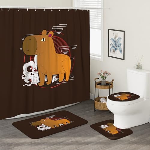 4PCS Brown Cartoon Fun Capybara Shower Curtain Sets