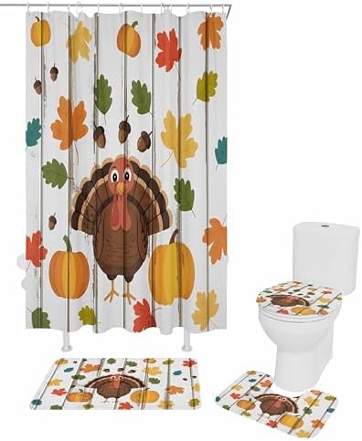 Thanksgiving 4-Piece Bath Set Turkey Acorn Shower Curtains Mats