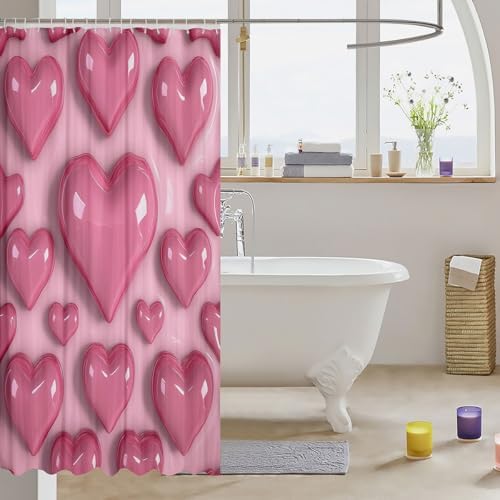 Manfei Valentines Day Bath Curtains Heart Themed 72Wx72L-inch Set with 12 Clips