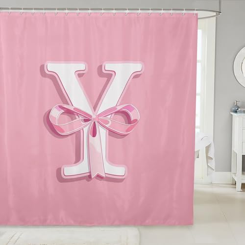 Stylish Kawaii Pink Bow Shower Curtain Set for Teen Girls with Monogram