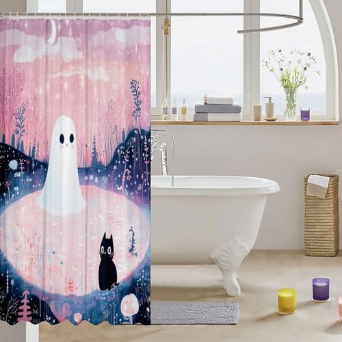 Manfei Kawaii Ghost Cat Waterproof Shower Curtain Set