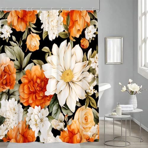 Vibrant Orange Floral Shower Curtain Set