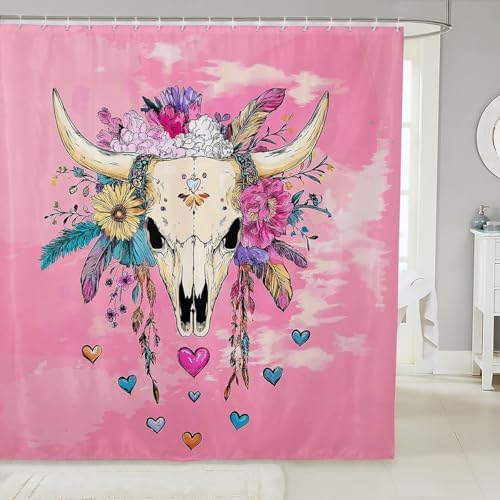Feelyou Pink Boho Skull Bath Curtain Set for Kids
