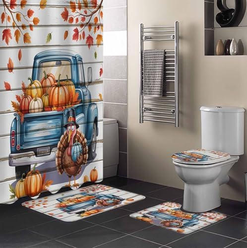 4-Piece Thanksgiving Fall shower curtain set waterproof