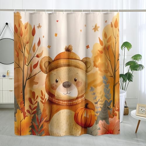 Fall Pumpkin Bear Shower Curtain Autumn Kawaii Bath Decor