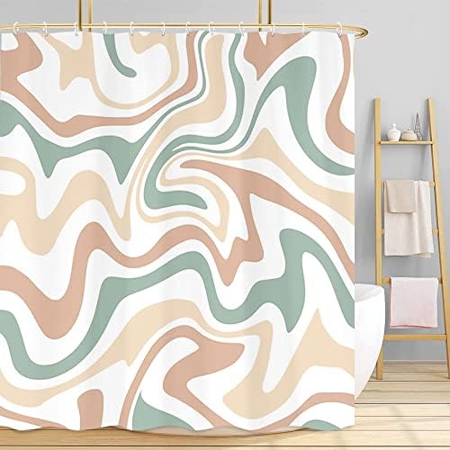 Aesthetic 70sAbstract Wavy Swirl Fabric Shower Curtain for Bathroom Retro Bohemian Style