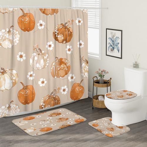 4PCS Fall Dot Pumpkin Shower Curtain Set with 72 x 72 Mat