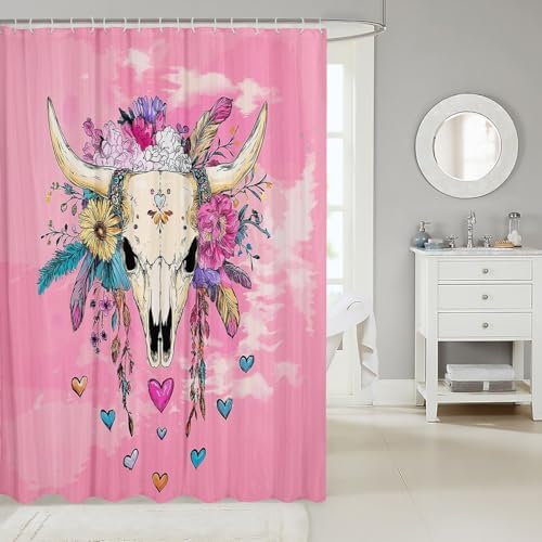 Feelyou Pink Boho Skull Bath Curtain Set for Kids