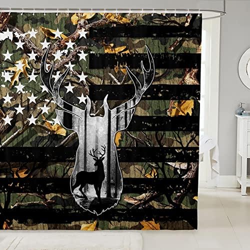 Manfei Deer Antler Silhouette Kids Shower Curtains Camo American Flag