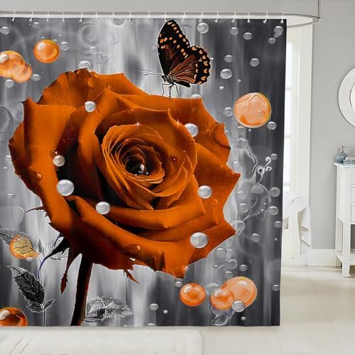 Feelyou Kids Orange 3D Rose 72x78 Butterfly Bath Curtain for Boys Girls