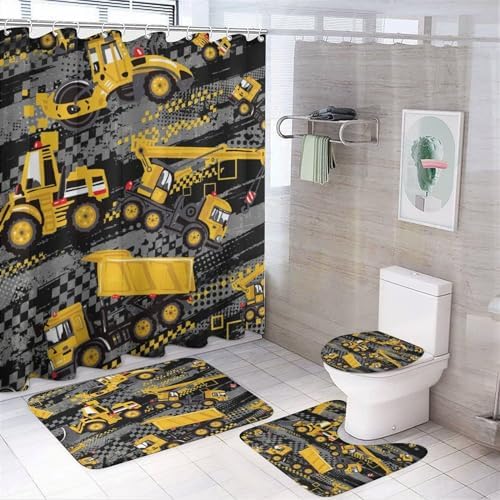 Cool Boys Girls Room Excavator 4-Piece Waterproof Shower Curtains Set