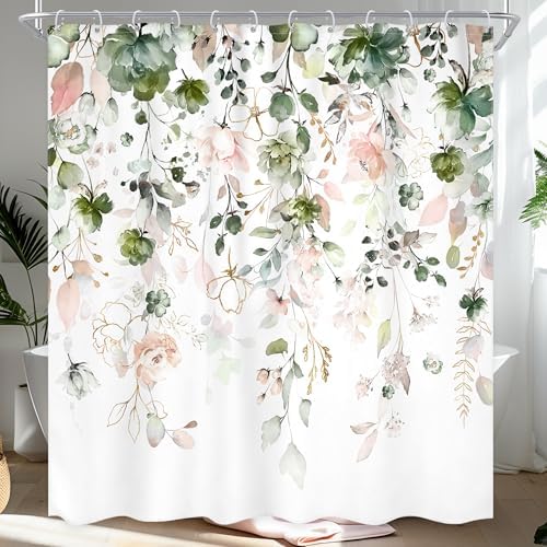 Summer Green Pink Floral Shower Curtain
