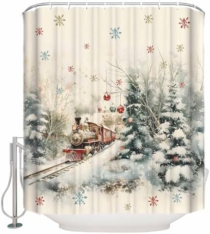 Perfect Christmas Train Forest Fabric Shower Curtain Set 36x72-Inch