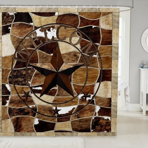 Vibrant Rustic Cowhide Bath Curtain Western Texas Star