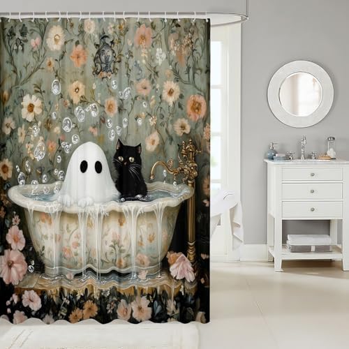 Manfei Kawaii Ghost Cat Bathroom Curtains for Kids