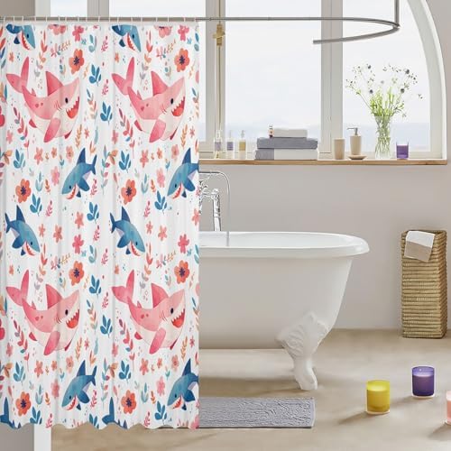 Jeffeloiu Blue Pink Shark Bath Curtain