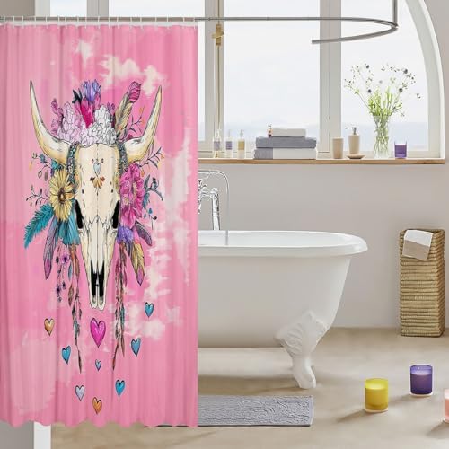 Feelyou Pink Boho Skull Bath Curtain Set for Kids