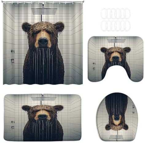 4-pc Funny Bear Bathroom Set with Modern Brown Design