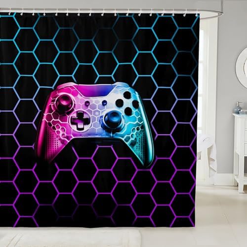 Gamepad Shower Curtain with Geometric Pattern Waterproof Stylish Adult Game Pad