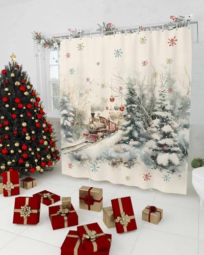 Perfect Christmas Train Forest Fabric Shower Curtain Set 36x72-Inch