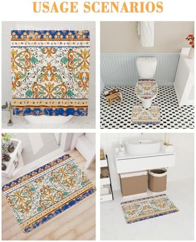 Bath Time Beauty - Boho Geometric Shower Curtain Rug Set Waterfall Print 66x72