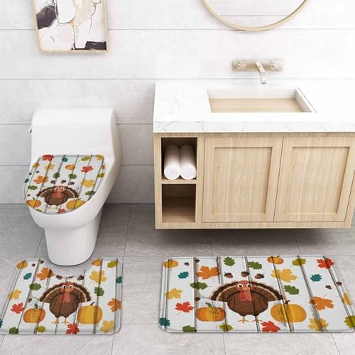 Thanksgiving 4-Piece Bath Set Turkey Acorn Shower Curtains Mats