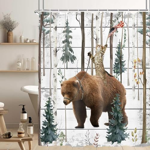 JAWO Funny Cat Bear Shower Curtain Birch Forest