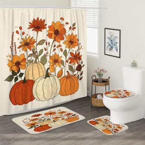 4PCS Fall Cream Pumpkin Shower Curtain Set