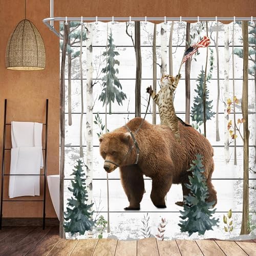 JAWO Funny Cat Bear Shower Curtain Birch Forest