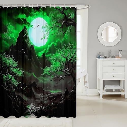 Jejeloiu Japanese Style Shower Curtain 72x84 Green Cherry Blossoms Waterproof Kids Bathroom Curtain