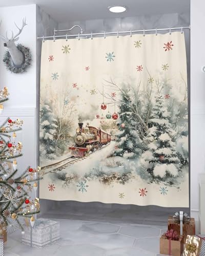 Perfect Christmas Train Forest Fabric Shower Curtain Set 36x72-Inch